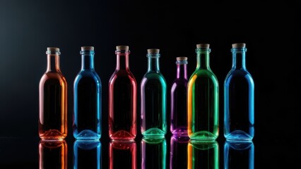 Hyperrealistic still life image of various glass bottles and vases in vibrant colors, arranged on a reflective surface with dramatic lighting.