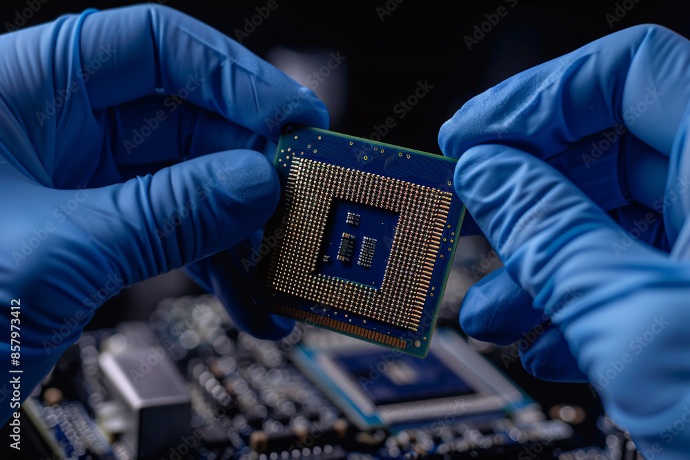 Poster a c-shaped computer processor was held in hand with blue gloves on a dark background. a macro photog