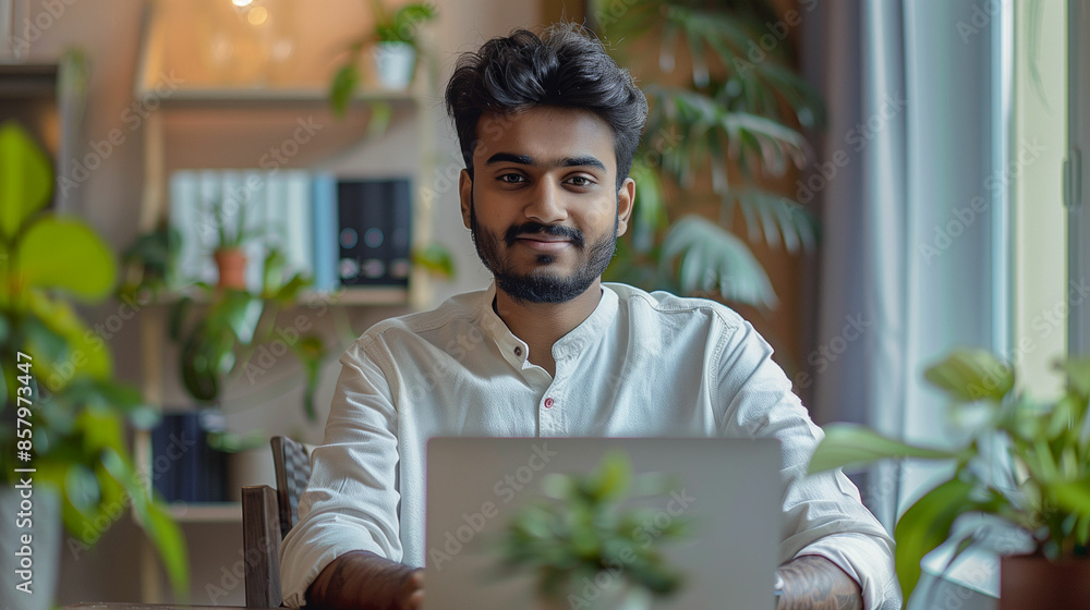 Poster man working on laptop computer