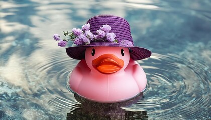 Rosa Badeente mit violettem Strohhut im klaren Wasser.
Vogelperspektive. Makro.
