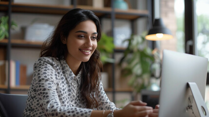 Woman engaging in virtual meeting on laptop