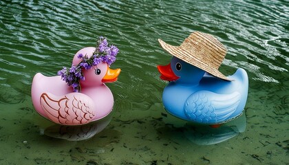 Verliebte Badeenten in blau und rosa im klaren Wasser.
Vogelperspektive. Makro. Isoliert.