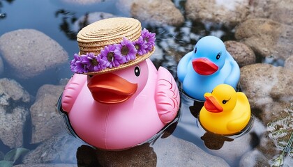 Bunte Badeenten im klaren Wasser. Vogelperspektive. Makro