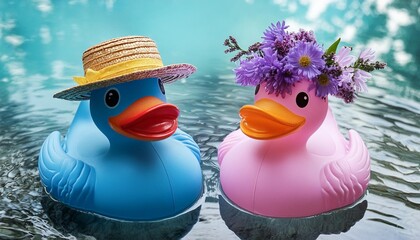 Herr und Frau Badente mit Strohhut und Blumenkranz im Wasser. Makro. Vogelperspektive. Isoliert.