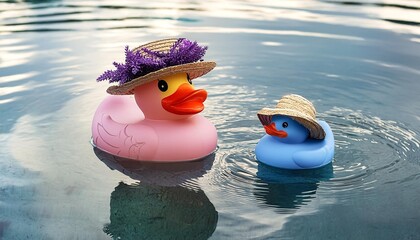 Badeenten Mama mit Badeenten Kind mit Strohhüten im klaren Wasser. Isoliert. Makro.