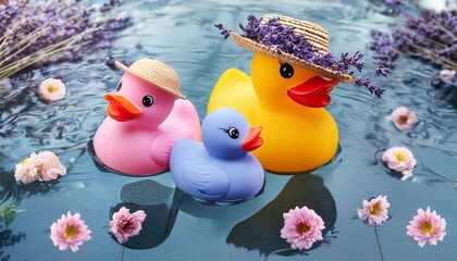 Badeenten-Familie mit Strohhüten im Wasser.
Makro.
Gelbe Badeente, rosa Badeente, blaue Badeente.