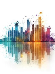 Obraz premium A city skyline is reflected in a body of water. The reflection is colorful and vibrant, with the buildings appearing to be illuminated by the water. Concept of energy and excitement