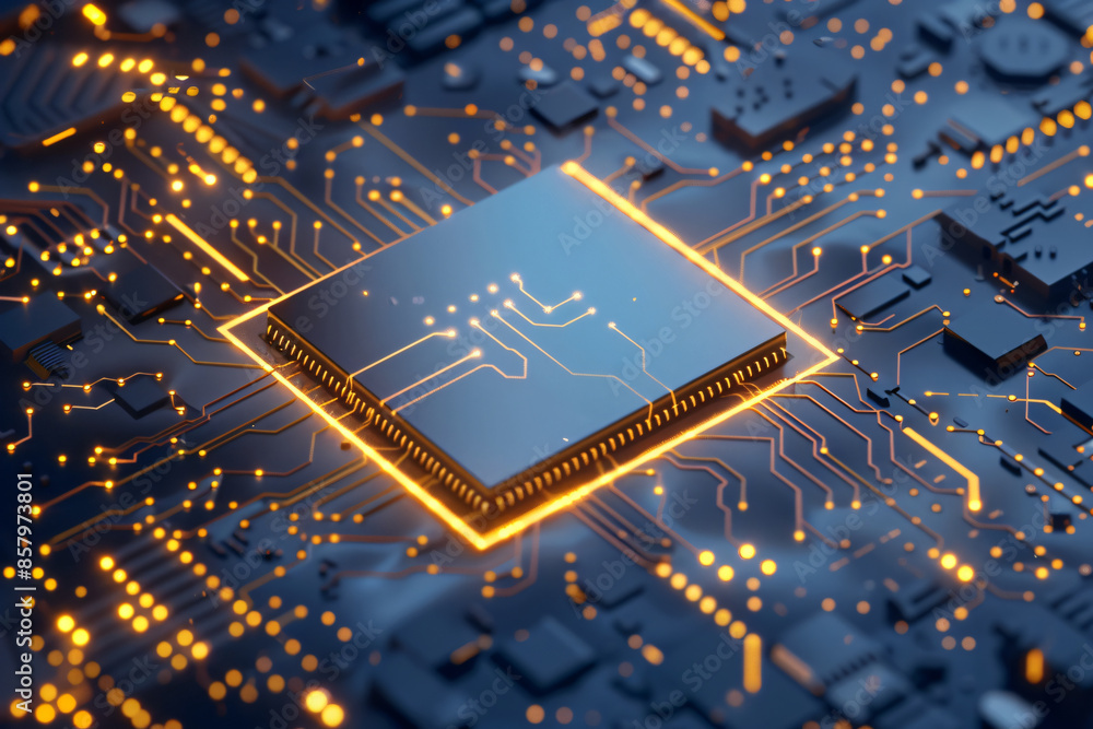 Poster 3d rendering of a blue circuit board with a chip and golden light glowing on top. the technique conc