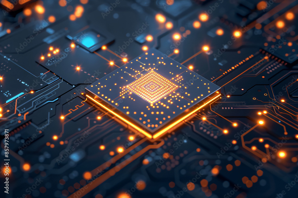 Poster 3d rendering of a blue circuit board with a chip and golden light glowing on top. the technique conc