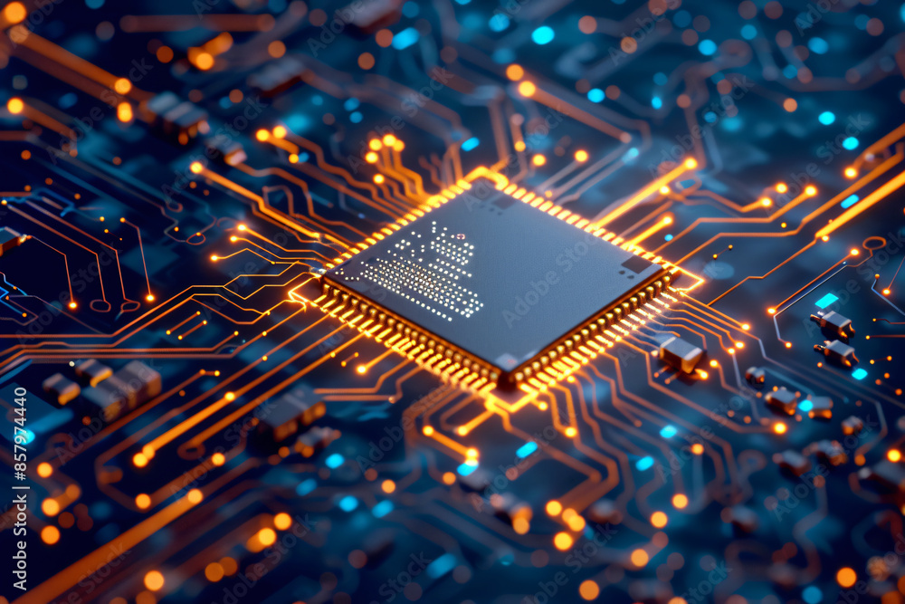 Poster 3d rendering of a blue circuit board with a chip and golden light glowing on top. the technique conc