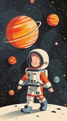 Child Astronaut Standing on a Planet with Stars in the Background