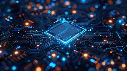 Close-up of a Glowing Circuit Board with a CPU