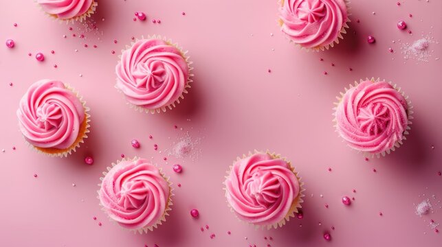 cupcakes with pink buttercream frosting on pink background