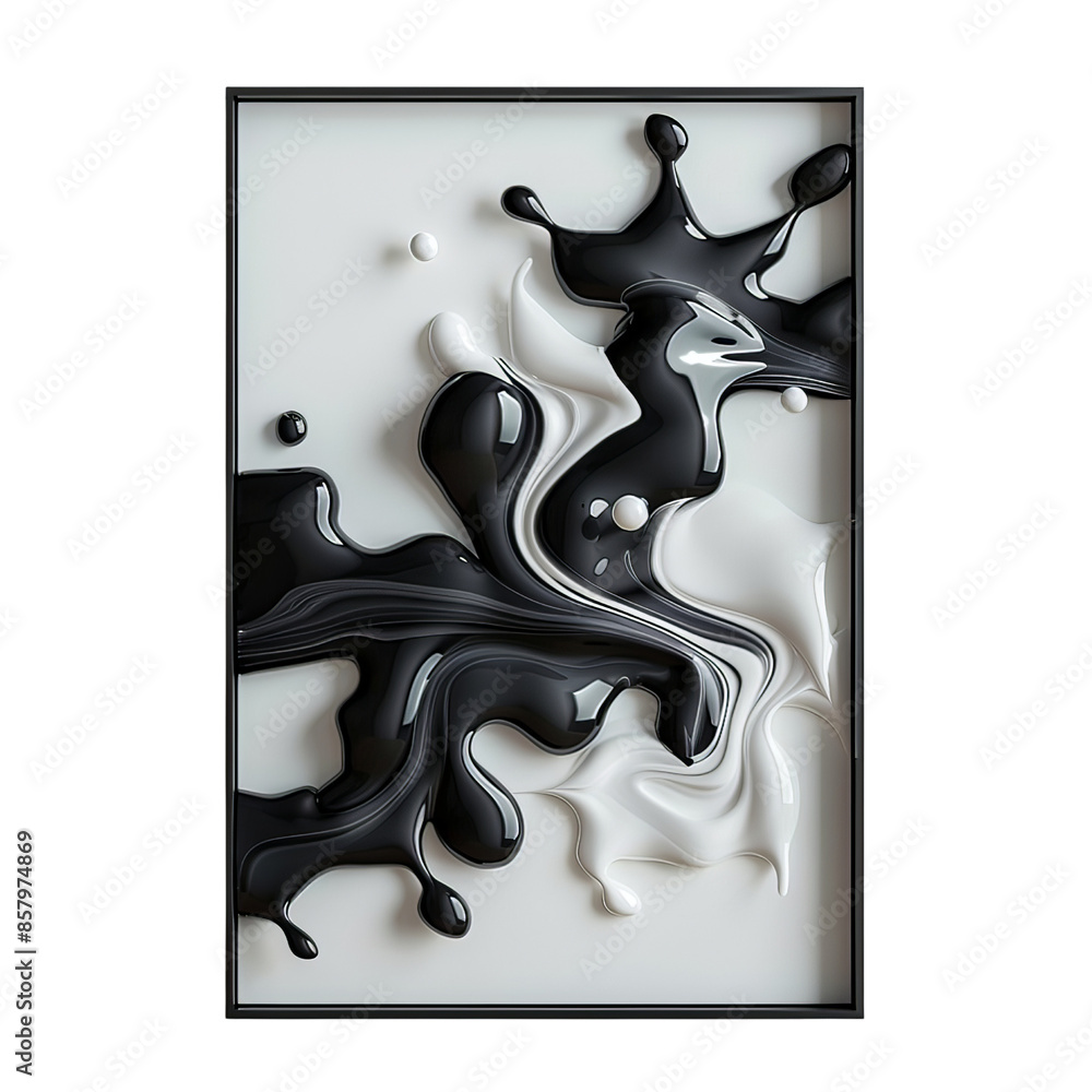 Poster abstract black and white fluid art with dynamic shapes and contrasting tones, creating an eye-catchi
