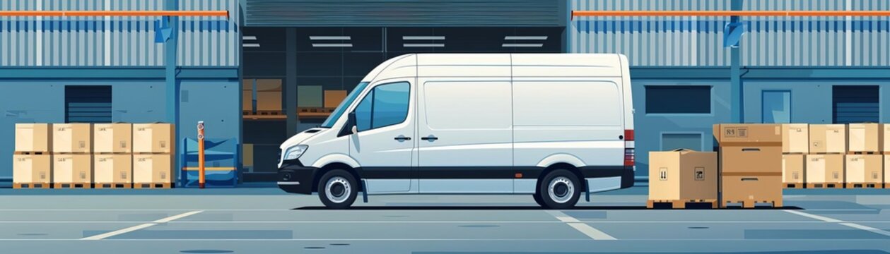 Delivery van loading at a warehouse docking station  , flat design, organic forms,