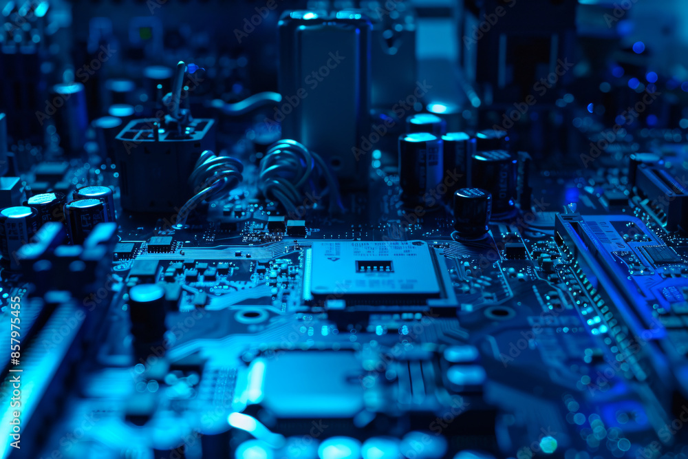 Poster the process of mount the solid state cmc on motherboard in blue tone, the gloomy atmosphere creates 