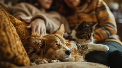 Family Pet A dog or cat curled up with family members on a couch. Their content expressions convey companionship.