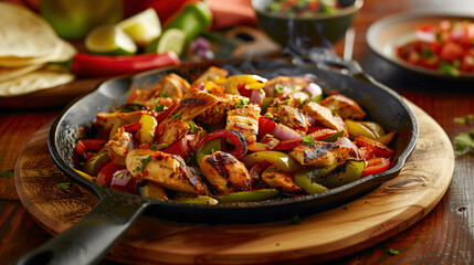 a sizzling fajita skillet, filled with grilled chicken, bell peppers, onions