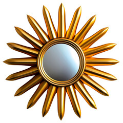 Golden sunburst mirror with a round reflective surface and decorative rays, perfect for home decor or interior design.