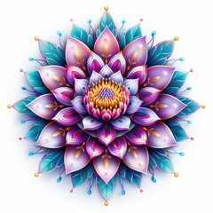 Obraz premium Vibrant mandala flower with intricate patterns and vivid colors. Ideal for decor, meditation, and art projects. High resolution, suitable for printing.