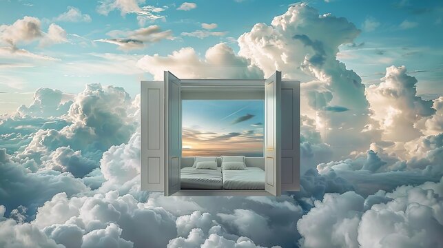 Composition rule of thrid of A room floating in the sky surrounded by clouds, with open windows revealing a serene landscape
