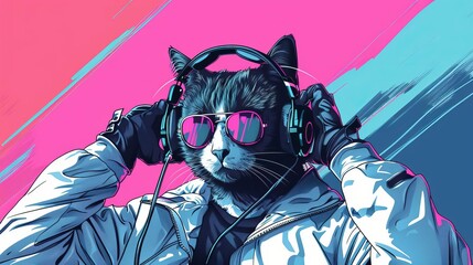 illustration of fantasy character with cat head in sunglasses and headphones wearing white jacket listening to music against pink and blue background ,