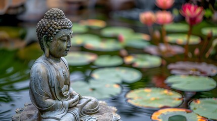 Buddha in Meditation: Lotus Flower Sculpture, Sparkling Background, and Religious Celebration