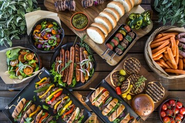 Fototapeta premium Enjoy a delightful summer BBQ featuring juicy burgers, sizzling hot dogs, and flavorful grilled vegetables, perfect for outdoor gatherings and picnics