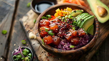 Fast food poke bowls served with a side of soy sauce, presented on a rustic wooden board