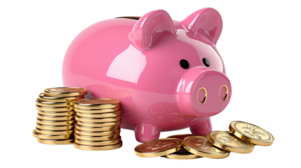 Pink piggy bank with stacks of gold coins, symbolizing saving, investment, and financial security.