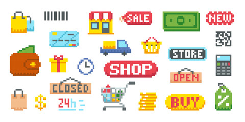 Pixel art shopping icon set. Pixel shop, open closed door sign retail store. Retro 8-bit icons for computer game marketplace.