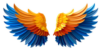 Obraz premium Vibrant and colorful illustration of a pair of bird wings with a gradient of bright orange, yellow, and blue feathers.