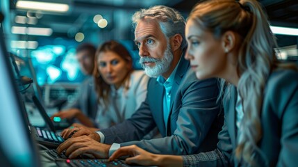 A focused business team analyzing data on computer screens in a modern office setting, highlighting teamwork and concentration.
