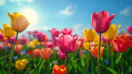Vibrant Tulips Blooming Under a Sunny Sky