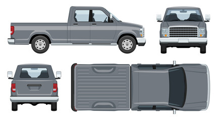 Grey pickup truck vector template with simple colors without gradients and effects. View from the side, front, back and top