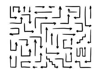 Hand drawn arrows vector set. Scribble lines, straight arrows. Doodle drawing. Direction pointers.