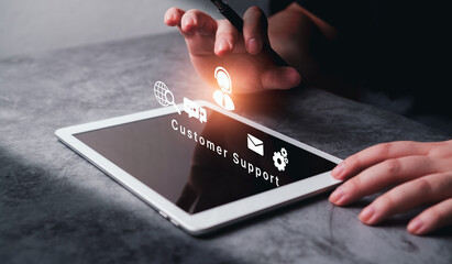 Technical support customer service concept. Woman use digital tablet with futuristic screen support customer interface. IT support. Call center and customer service help.