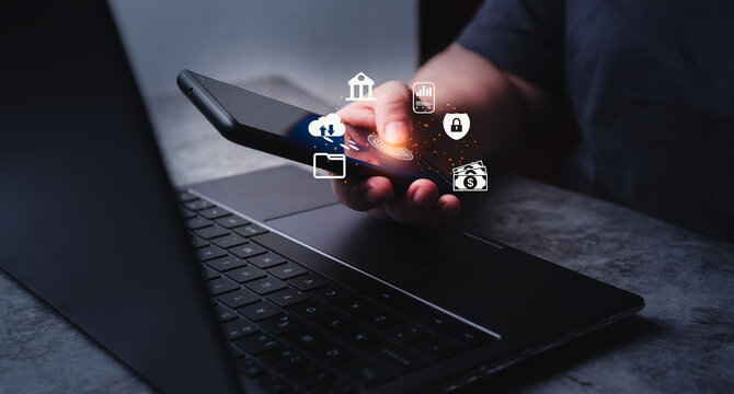 Woman use fingerprint scan for security data protection on smartphone. New technology big data and business process strategy. Automate operation.