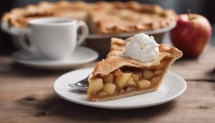 home made slice of delicious apple pie, decorative background.
