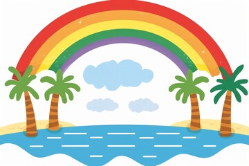Obraz premium Tropical beach paradise with vibrant rainbow and palm trees