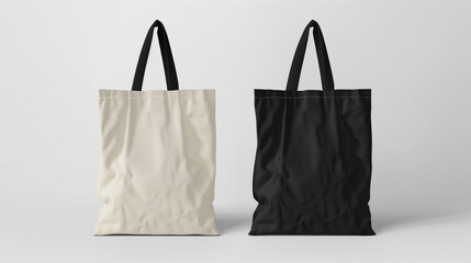 Two black and white cotton canvas bags, isolated with empty space for insertion of advertising product or text. Mockups