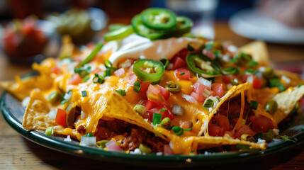 a plate of loaded nachos, piled high with melted cheese, jalapeños, sour cream, and guacamole