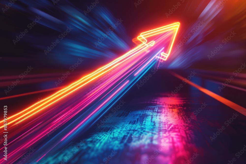 Poster a neon arrow is shown in a blue and orange color scheme. the image is a representation of a road or 