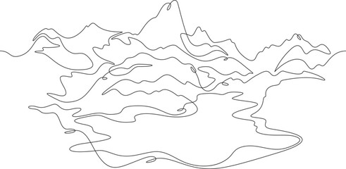 Beautiful mountain landscape. Alpine meadows. Crystal mountain lake. One continuous line drawing on a white isolated background. Minimalism linear illustration.