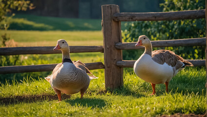 Obraz premium Geese on the farm in summer