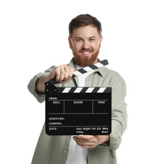 Making movie. Smiling man with clapperboard on white background