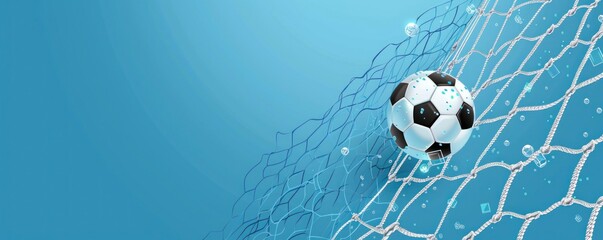 Soccer Ball Striking Net with Radiant Sunlight on Blue Background - Generative ai