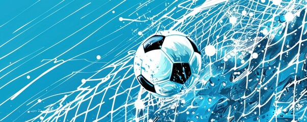 Soccer Ball Striking Net with Radiant Sunlight on Blue Background - Generative ai
