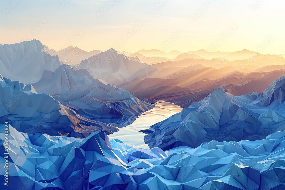 Poster a mountain range with a river running through it. the mountains are covered in snow and the sky is a