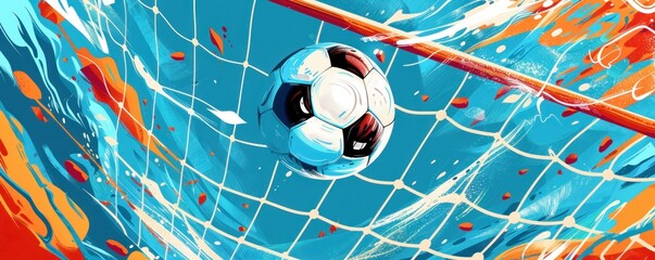 Dynamic Soccer Ball in Motion Against a Futuristic Blue Abstract Backdrop - Generative ai